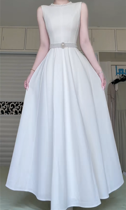 Ivory Satin Sleeveless Long Evening Gown, Pearl Trim Round Neck Beaded Waistband A‑Line Prom Dress for Wedding Banquet gh8963