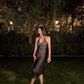 Black Sheer Mesh Halter Midi Evening Dress Rhinestone Bodycon Party Dress gh9857