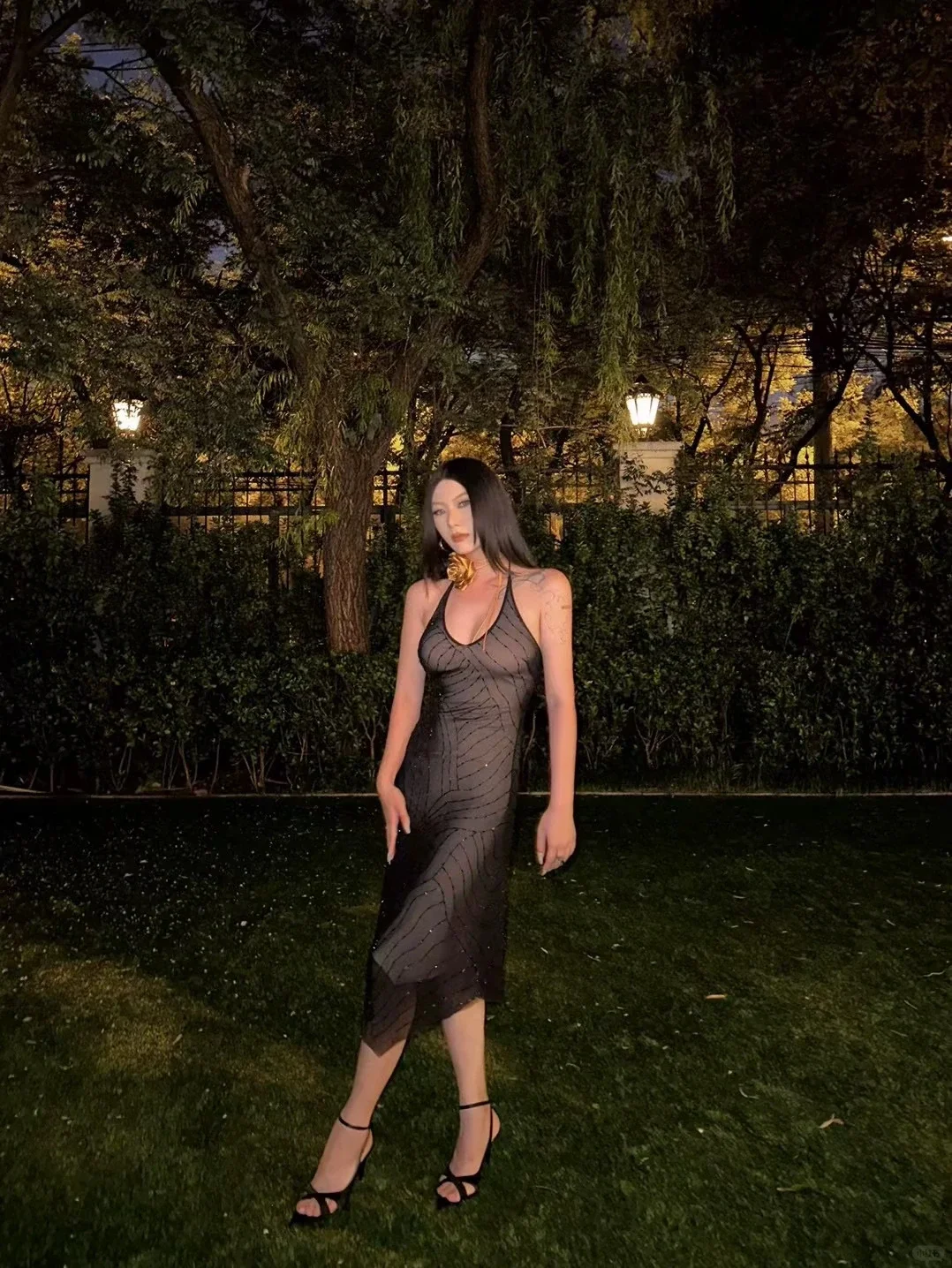 Black Sheer Mesh Halter Midi Evening Dress Rhinestone Bodycon Party Dress gh9857