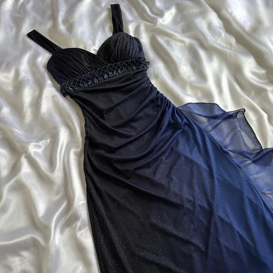 Dunkelblaues, glänzendes, elegantes, exquisites, mit Perlen besetztes, langes Chiffon-Ballkleid, Abendkleid, Partykleid, Abschlusskleid gh3506