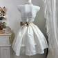 Off White Satin Short Cocktail Dress, Strapless Pleated Bodice With Champagne Bow A-Line Homecoming Gown gh9276