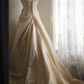 Champagne Spaghetti Strap A‑Line Wedding Dress, Square Neck Draped Ruched Bodice 3D Fabric Rose Appliqué Taffeta Bridal Gown gh9118