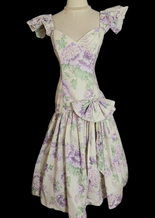 Elegant Vintage Purple Print Square Neck Fitted Waist Prom & Evening Party Dress gh8499