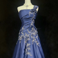 One Shoulder Navy Blue Satin Prom Dress Ruched Bodice Lace Embroidery 3D Floral Beaded Formal Gown gh9553