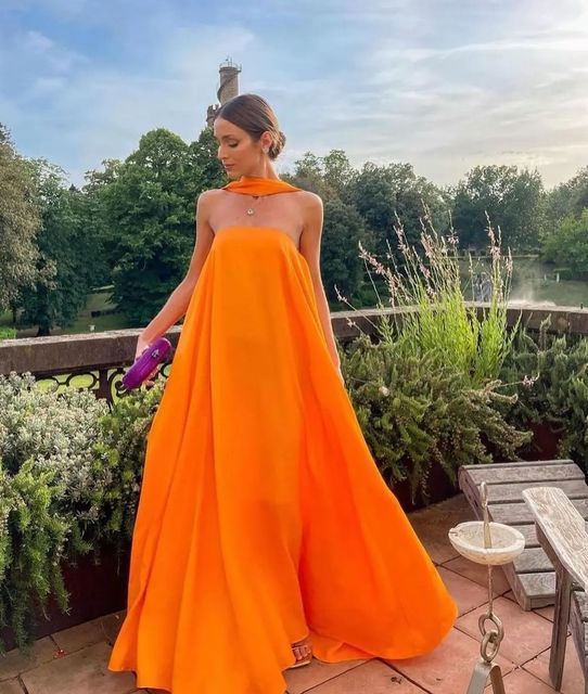Orange Elegantes, fließendes A-Linien-Kleid mit schulterfreiem Satin, langes Ballkleid, Abendkleid für Hochzeitsgäste, Partykleid gh3093