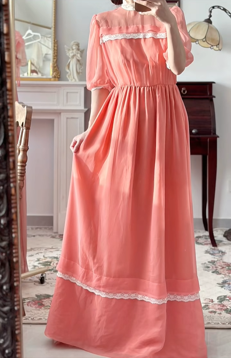 Peach‑Pink Vintage Edwardian Maxi Evening Gown, Sheer High Neck, Puff Mid‑Length Sleeves, White Lace Trim Accents, Elastic Waistband, Flowy Chiffon Full Skirt, Retro Garden Party Formal Dress gh8841