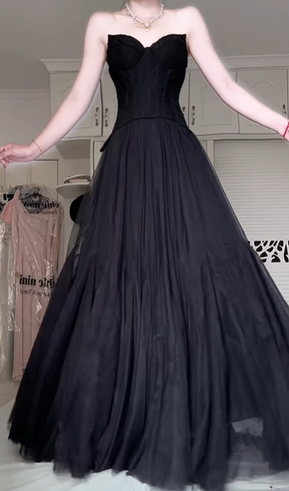 Black‑Tulle A‑Line Prom Gown, Strapless Sweetheart Lace‑Corset‑Bodice Floor‑Length Evening Dress gh9048