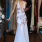 Halter Deep V White Mermaid Prom Dress Pink Rose Floral Embroidery Formal Evening Gown gh9804