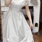 Ivory Vintage Satin Wedding Gown, Square Neck With Lace Flutter Sleeves, Fitted Waist, Outer Ruched Bow Satin Over‑Skirt, Inner Multi‑Tier Lace Cake Layered Long Skirt, Bridal Prom Dress gh8756