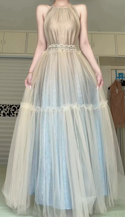 Halter Sleeveless Long Prom Gown, Champagne Tulle Formal Dress With Pearl Waistband Light Blue Glitter Lining for Party Banquet gh8952