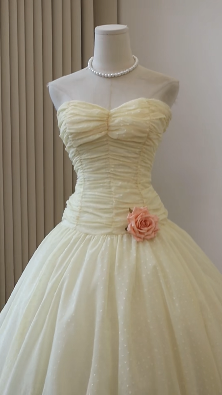 Cream Yellow Strapless Vintage Homecoming Dress Sweetheart Ruched Bodice Polka Dot Tulle Full Skirt Cocktail Gown gh9395
