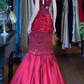 Red Satin Mermaid Evening Gown Wide Straps Heart Beaded Sheer Mesh Prom Dress gh9633