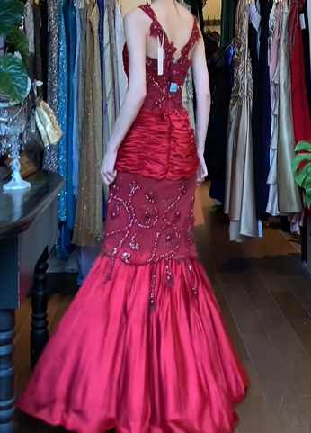 Red Satin Mermaid Evening Gown Wide Straps Heart Beaded Sheer Mesh Prom Dress gh9633