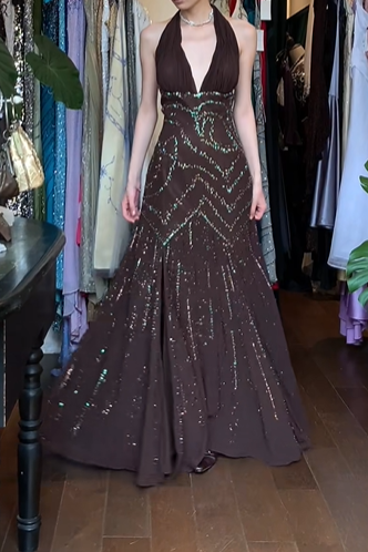Dark Brown Vintage Prom Dress Halter Deep V Chevron Sequin Beaded Chiffon Long Evening Gown gh9605