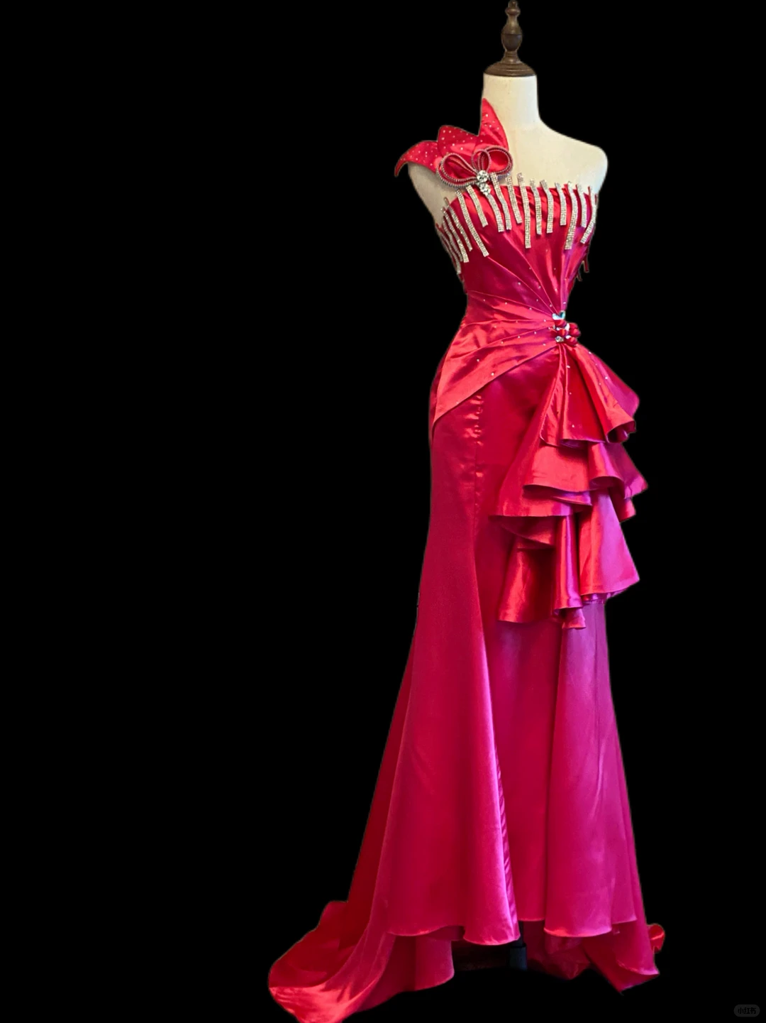 Fuchsia Satin One‑Shoulder Mermaid Evening Gown, Rhinestone Bow Ornament, Vertical Rhinestone Fringe Bust, Side Cascading Ruffle With Floral Crystal Buckle, Mermaid Silhouette With Short Train, Pageant Prom Dress gh8906
