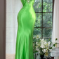Bright Green Satin Spaghetti Strap V-Neck Mermaid Evening Dress, Rhinestone Detail Formal Prom Gown gh9506