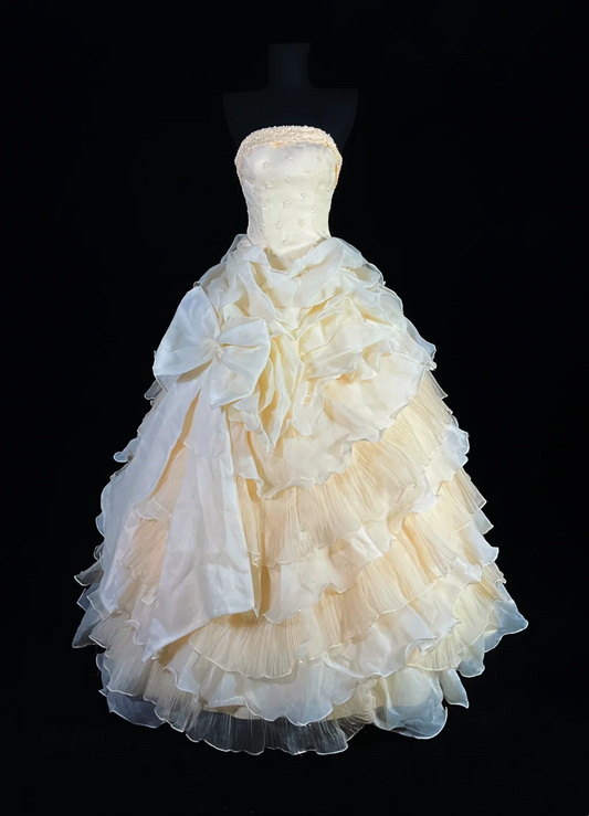 Light Apricot Strapless Waisted Long Ball Gown with Voluminous Skirt, Evening Dress, Birthday Dress gh7167
