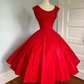 Bright Red 1950s Vintage Midi Cocktail Dress, Boat Neck Sleeveless Fitted Bodice Satin Gathered Full Swing Skirt Evening Gown gh9091