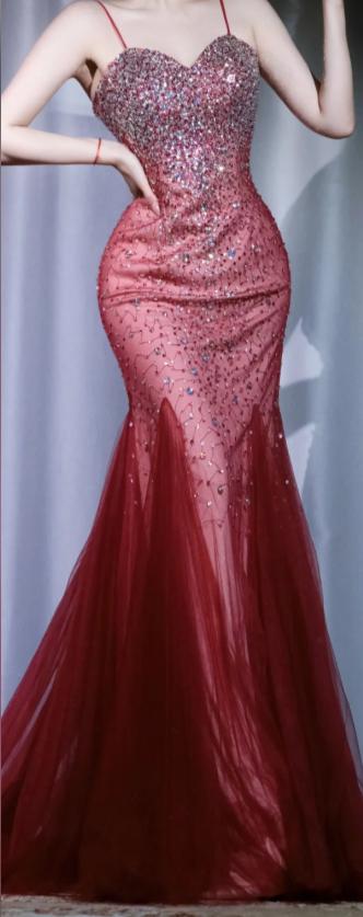 ✨Girlhomeshops-Burgundy Mermaid Prom Dress Spaghetti Strap Rhinestone Beaded Tulle Evening Gown gh9971