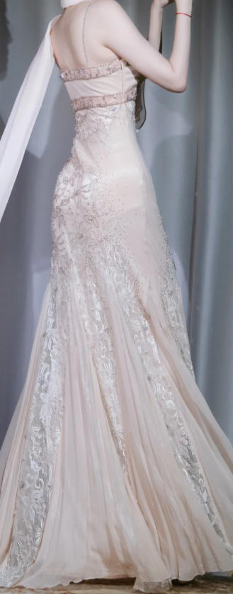 ✨Girlhomeshops-Spaghetti Strap Mermaid Prom Dress, Champagne Lace Beaded Chiffon Evening Gown gh9943