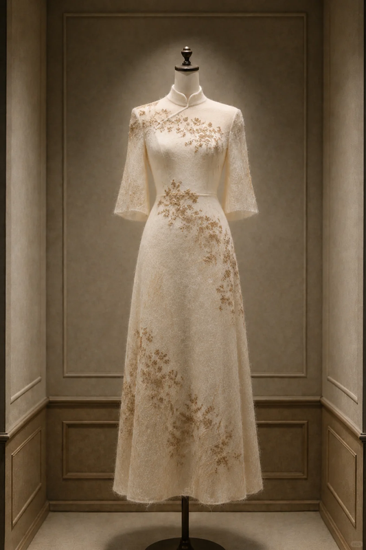 ✨Girlhomeshops-Chinese Lace Qipao Long Formal Gown with Gold Floral Embroidery gh10363