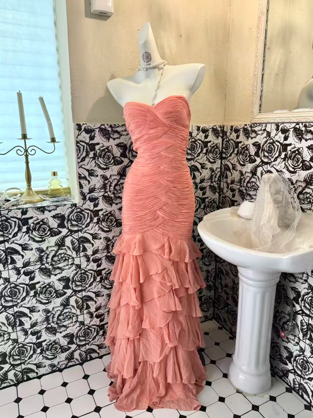 Pink Strapless Waist-Cinched Designer Style Figure-Flattering Sexy Bodycon Long Romantic Dress, Wedding Gown gh7750