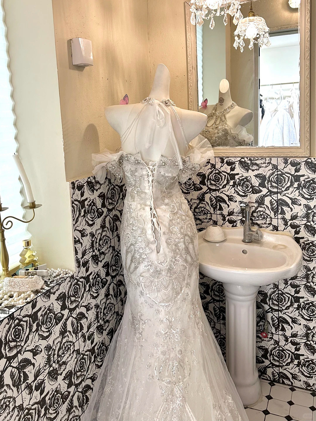 White Halter Wedding Gown with Silver Embellishments, Cinched Waist, Slim Fit Sexy Mermaid Skirt Romantic Dress gh7610