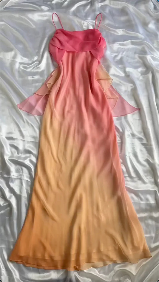 orange mode farbverlauf elegante spaghetti trägern lange chiffon ballkleid abendkleid partykleid gh3608