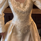 Cream White Vintage Palace Wedding Gown, Heart Neck Puff Long Sleeve Cutwork Embroidery Satin A‑Line Floor‑Length Bridal Dress gh9063