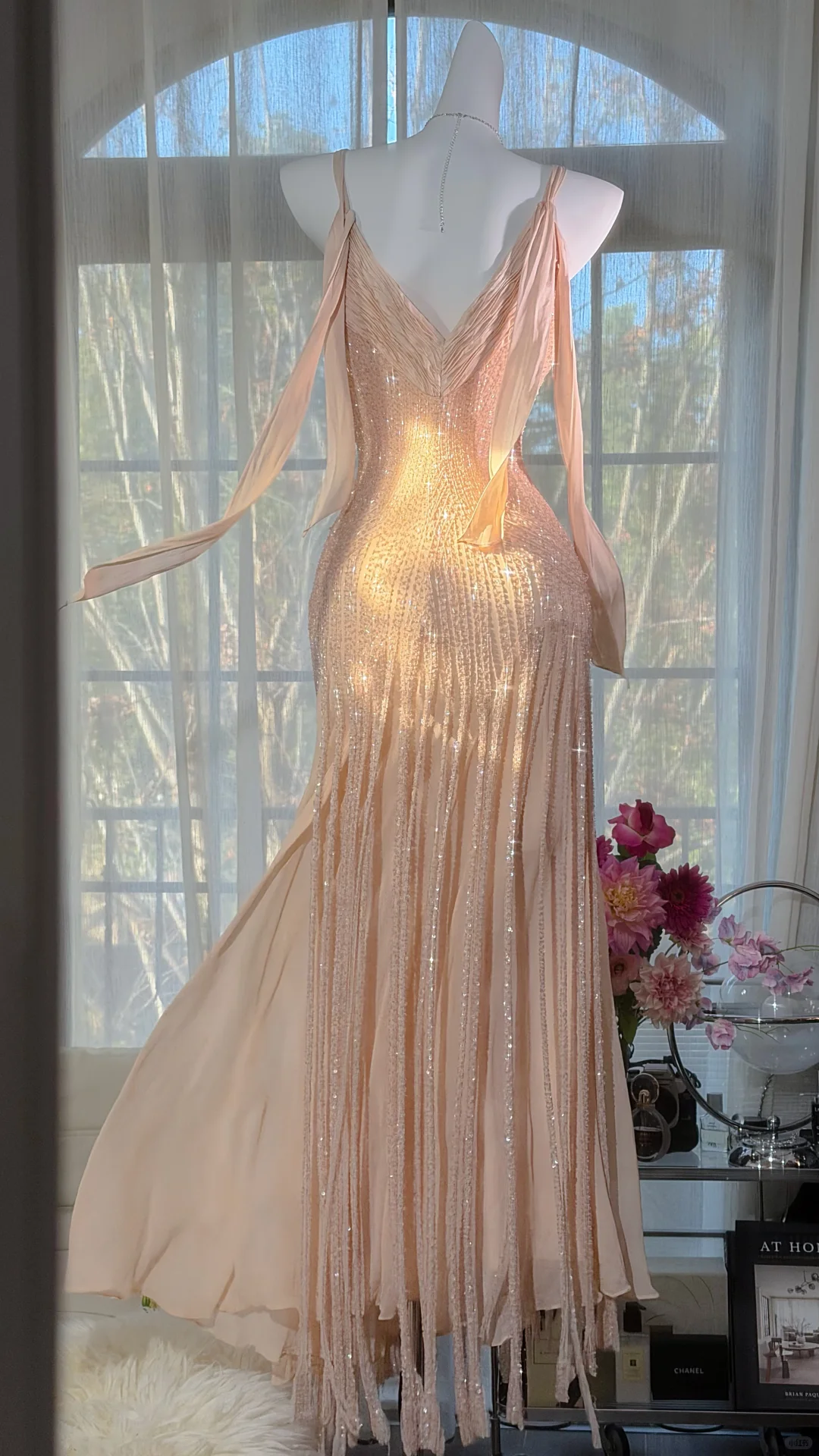 Nude Pink V-Neck Ruched Spaghetti Strap Vertical Fringe Beaded Mermaid Evening Dress, Prom Gown gh9527
