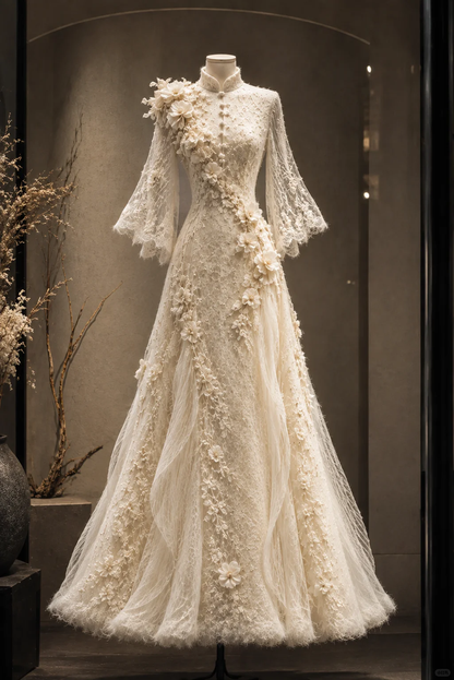 ✨Girlhomeshops-High Neck Bell Sleeve Lace Mermaid Wedding Gown with 3D Floral Appliques gh10298