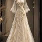 ✨Girlhomeshops-High Neck Bell Sleeve Lace Mermaid Wedding Gown with 3D Floral Appliques gh10298