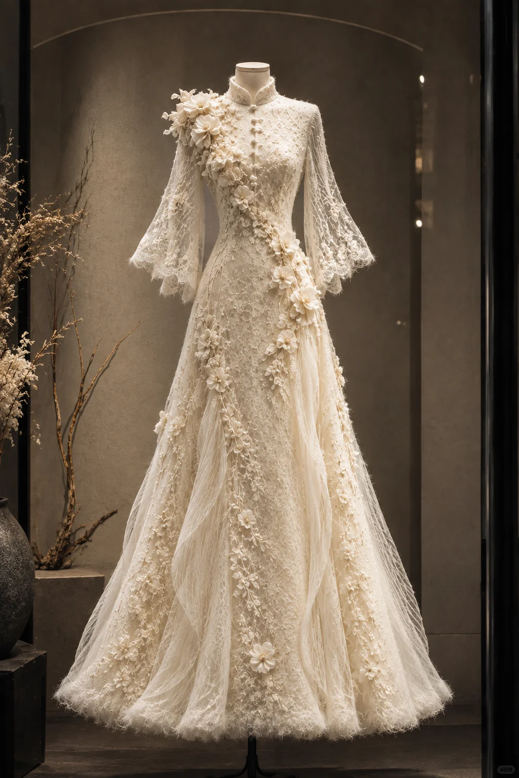 ✨Girlhomeshops-High Neck Bell Sleeve Lace Mermaid Wedding Gown with 3D Floral Appliques gh10298