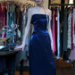Navy Blue Strapless Tube Satin Formal Gown Ruffle Neck Fitted Long Evening Prom Dress gh9684