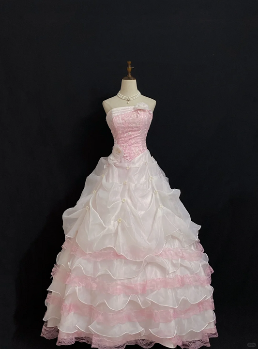 Blush Pink Strapless Long Romantic Gown with Fitted Waist and Fluffy Tiered Cake Skirt, Wedding Dress & Bridal Gown gh8302