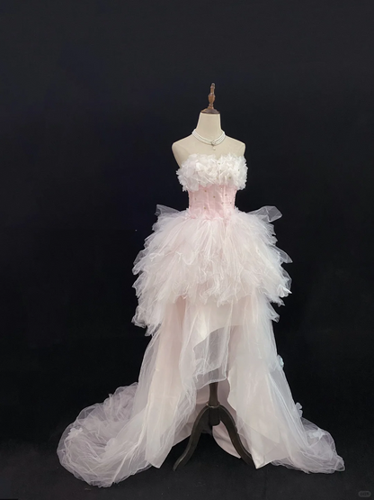 Blush Pink Strapless Luxury Romantic Gown with Cinched Waist and Train Skirt, Wedding Dress & Bridal Gown gh8126
