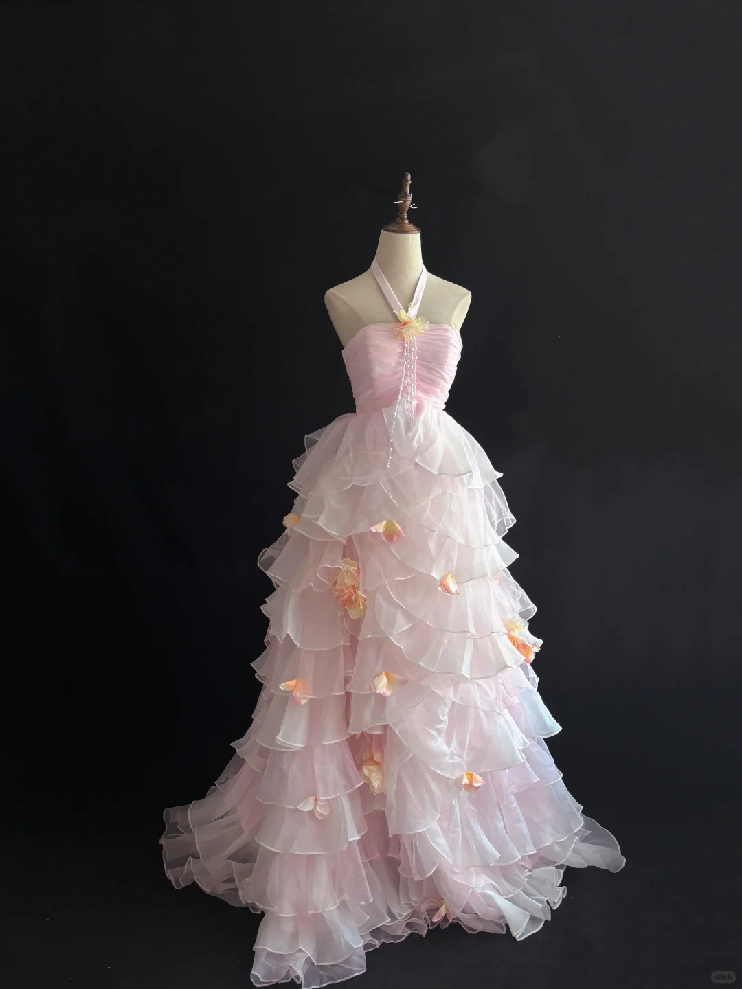 Blush Pink Cinched Waist Fitted Ruffle Skirt Long Romantic Dress, Wedding Gown gh7991