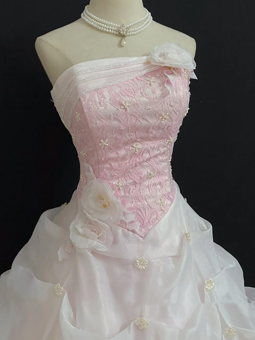 Blush Pink Strapless Long Romantic Gown with Fitted Waist and Fluffy Tiered Cake Skirt, Wedding Dress & Bridal Gown gh8302