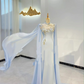 Light Blue Waist-Cinched Slim Elegant Long Evening Dress, Fairy Gown, Romantic Gown gh7418