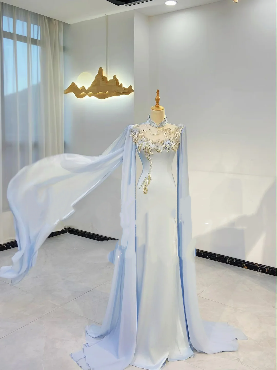 Light Blue Waist-Cinched Slim Elegant Long Evening Dress, Fairy Gown, Romantic Gown gh7418