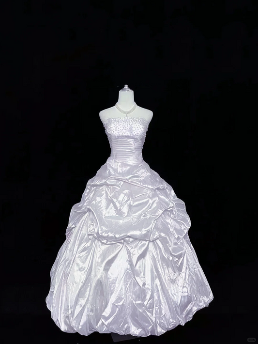 Lavender Strapless Beaded Cinched Waist Voluminous Princess Skirt Long Romantic Dress, Wedding Gown gh7951