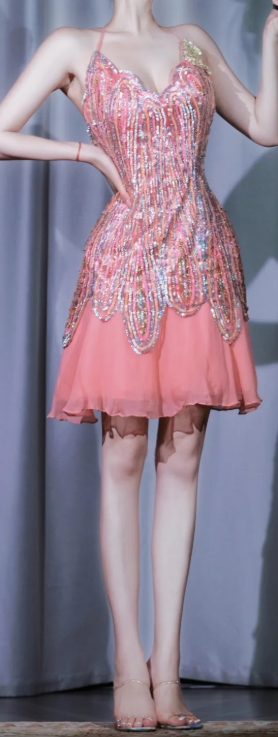 ✨Girlhomeshops-Pink Short Sequin Beaded Spaghetti Strap Prom Dress gh9999