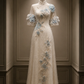 ✨Girlhomeshops-Cream Sky Blue 3D Floral Beaded Mid Sleeve Qipao Cheongsam Wedding Gown gh10393