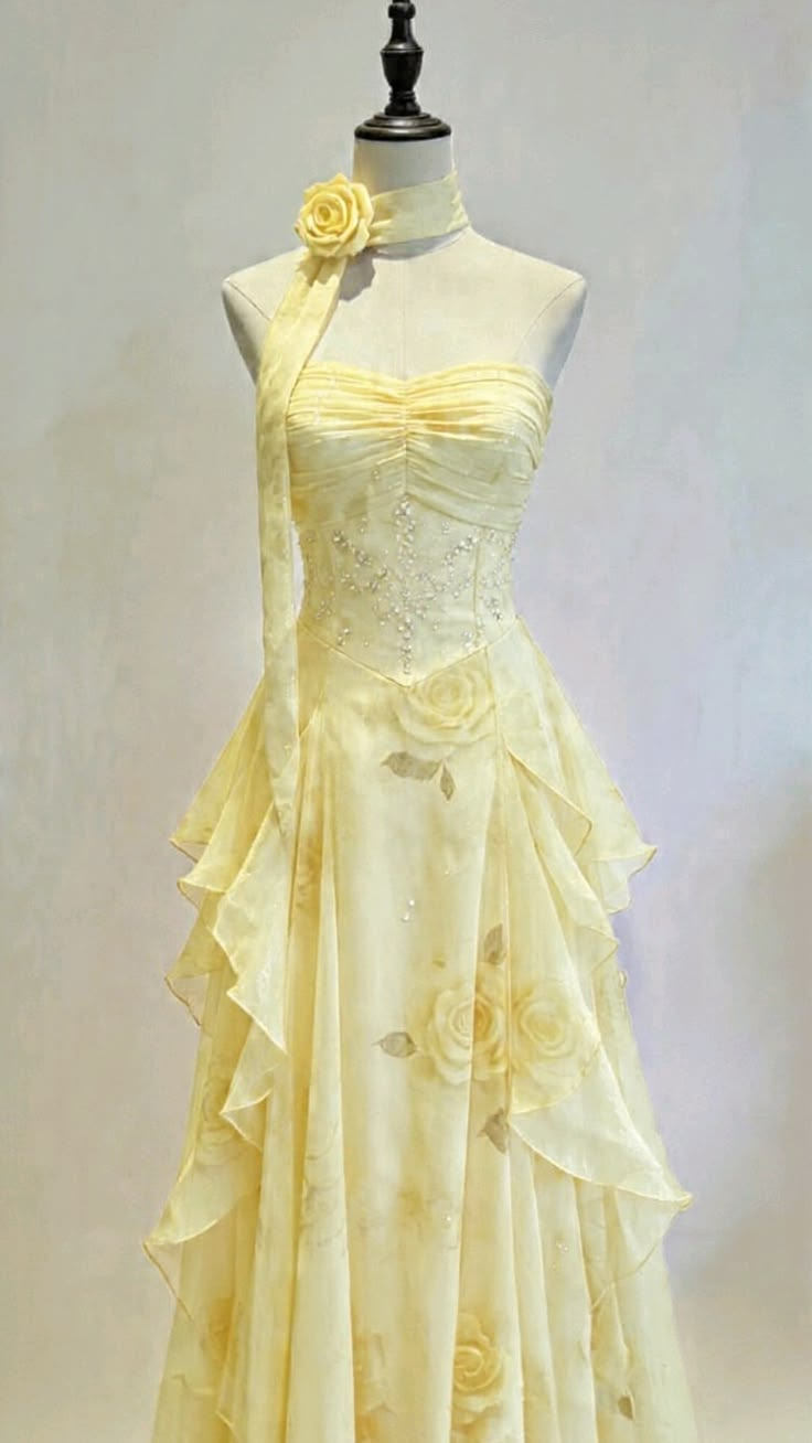 Pale Yellow Strapless Waist-Cinched Soft Elegant Long Evening Dress, Fairy Gown, Romantic Gown gh7425