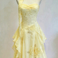 Pale Yellow Strapless Waist-Cinched Soft Elegant Long Evening Dress, Fairy Gown, Romantic Gown gh7425