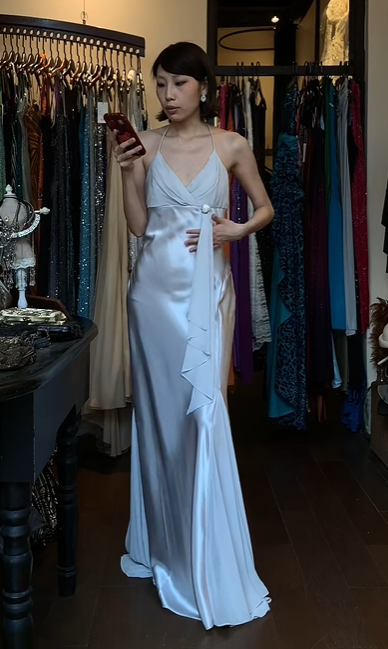 Light Silver Halter V Neck Wrap Satin Mermaid Long Evening Prom Dress with Ruffle Sash gh9755