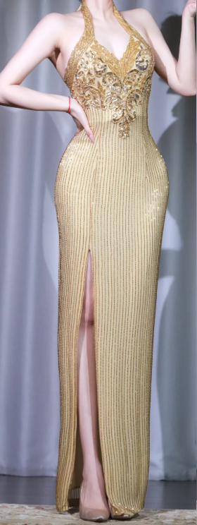 ✨Girlhomeshops-Gold Halter Beaded Prom Gown Deep V High Slit Sequin Evening Dress gh10097