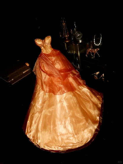 ✨Girlhomeshops-Wunderschönes orangefarbenes Tube-Top Puffy Prinzessin langes Ballkleid gh10160