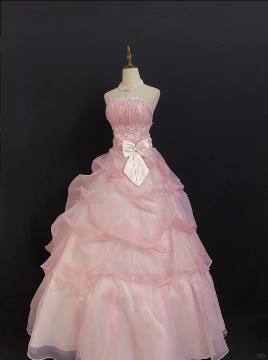 Blush Pink Strapless Long Romantic Gown with Fitted Waist and Fluffy Princess Skirt, Wedding Dress & Bridal Gown gh8303