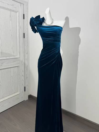 Peacock Blue One-Shoulder Fitted Waist Slim Bodycon Sexy Prom & Evening Dress gh7228